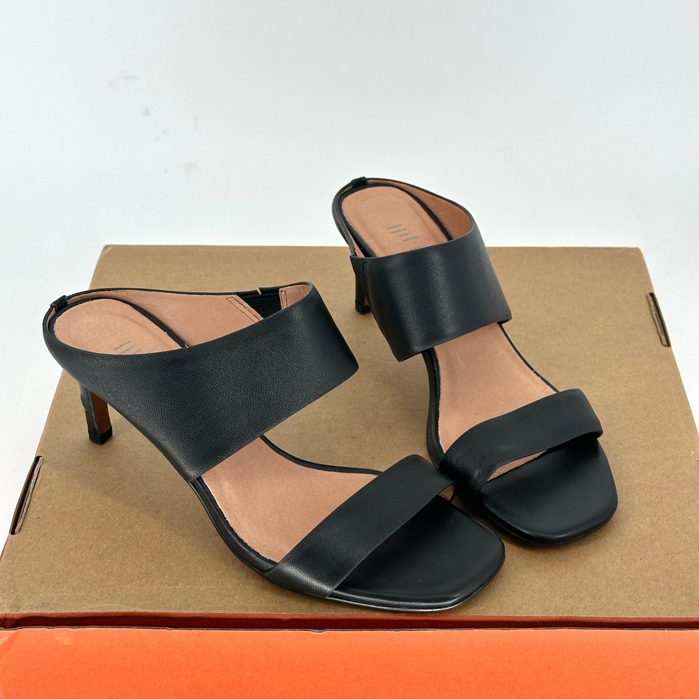 J. Jill Black Double Banded Leather Slip On Kitten Mule Heels Square Toe 6.5